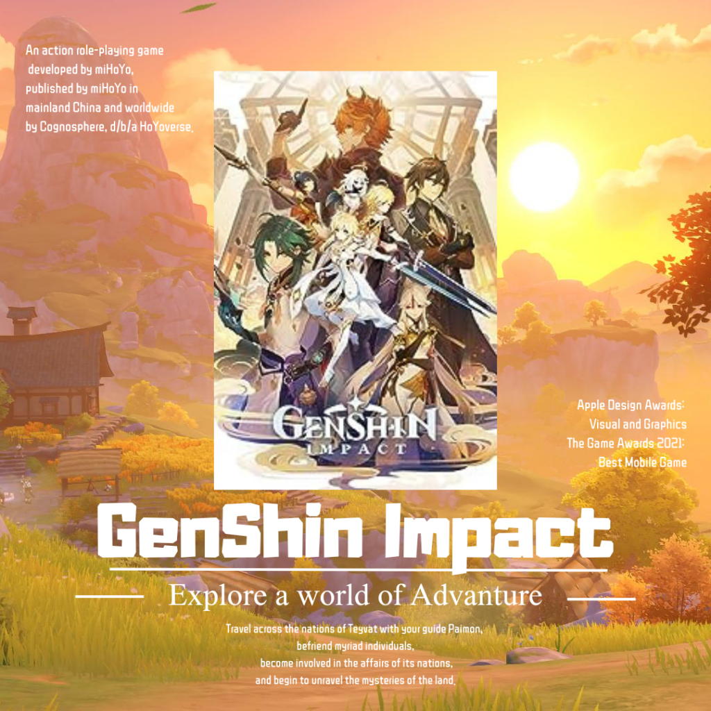 An infographic image about an action role-playing game called GenShin Impact developed by miHoYo. This game is published in both mainland China and worldwide. It has won awards such as Apple design awards: visual and Graphics and The Game Awards 2021: Best Mobile Game. The game is about a travel across the nations of Teyvat, befriend myriad individuals, becoming involved in the affairs of its nations and begin to unravel the mysteries of the land.